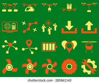 Air drone and quadcopter tool icons. Icon set style: flat vector bicolor images, orange and yellow symbols, isolated on a green background.