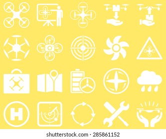Air drone and quadcopter tool icons. Icon set style: flat vector images, white symbols, isolated on a yellow background.