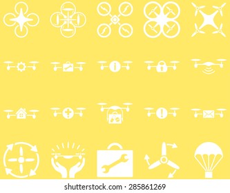 Air drone and quadcopter tool icons. Icon set style: flat vector images, white symbols, isolated on a yellow background.