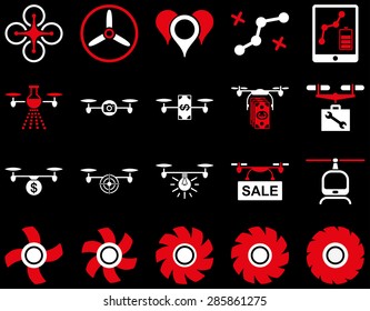 Air drone and quadcopter tool icons. Icon set style: flat vector bicolor images, red and white symbols, isolated on a black background.