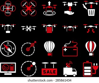 Air drone and quadcopter tool icons. Icon set style: flat vector bicolor images, red and white symbols, isolated on a black background.