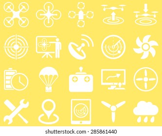 Air drone and quadcopter tool icons. Icon set style: flat vector images, white symbols, isolated on a yellow background.