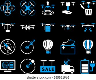 Air drone and quadcopter tool icons. Icon set style: flat vector bicolor images, blue and white symbols, isolated on a black background.