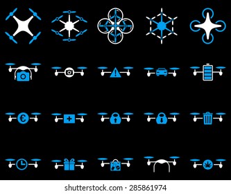 Air drone and quadcopter tool icons. Icon set style: flat vector bicolor images, blue and white symbols, isolated on a black background.