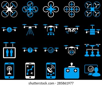 Air drone and quadcopter tool icons. Icon set style: flat vector bicolor images, blue and white symbols, isolated on a black background.