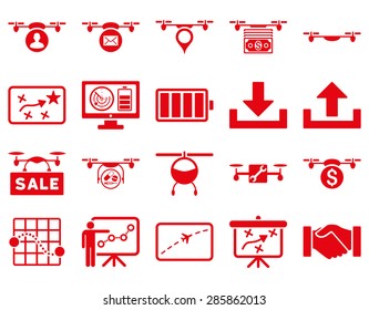 Air drone and quadcopter tool icons. Icon set style: flat vector images, red symbols, isolated on a white background.