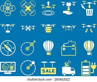 Air drone and quadcopter tool icons. Icon set style: flat vector bicolor images, yellow and white symbols, isolated on a blue background.