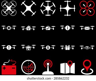 Air drone and quadcopter tool icons. Icon set style: flat vector bicolor images, red and white symbols, isolated on a black background.