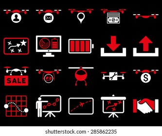 Air drone and quadcopter tool icons. Icon set style: flat vector bicolor images, red and white symbols, isolated on a black background.