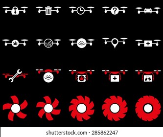 Air drone and quadcopter tool icons. Icon set style: flat vector bicolor images, red and white symbols, isolated on a black background.