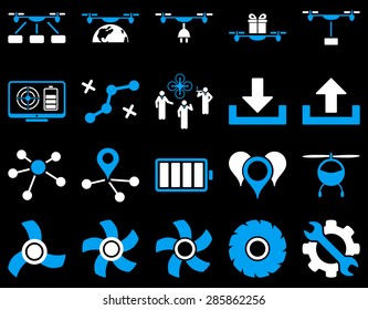 Air drone and quadcopter tool icons. Icon set style: flat vector bicolor images, blue and white symbols, isolated on a black background.