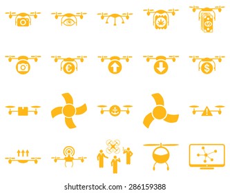 Air drone and quadcopter tool icons. Icon set style: flat vector images, yellow symbols, isolated on a white background.