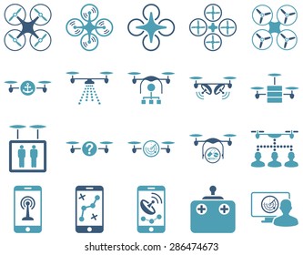 Air drone and quadcopter tool icons. Icon set style: flat vector bicolor images, cyan and blue symbols, isolated on a white background.