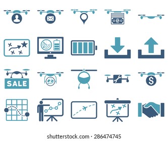 Air drone and quadcopter tool icons. Icon set style: flat vector bicolor images, cyan and blue symbols, isolated on a white background.