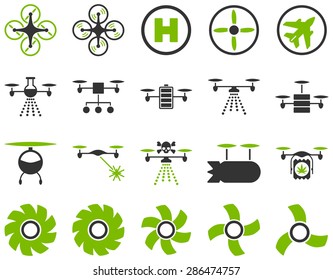 Air drone and quadcopter tool icons. Icon set style: flat vector bicolor images, eco green and gray symbols, isolated on a white background.