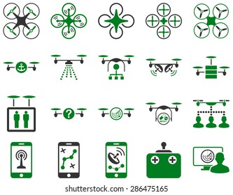 Air drone and quadcopter tool icons. Icon set style: flat vector bicolor images, green and gray symbols, isolated on a white background.