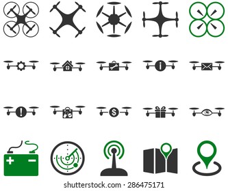 Air drone and quadcopter tool icons. Icon set style: flat vector bicolor images, green and gray symbols, isolated on a white background.