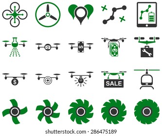 Air drone and quadcopter tool icons. Icon set style: flat vector bicolor images, green and gray symbols, isolated on a white background.
