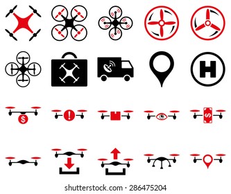 Air drone and quadcopter tool icons. Icon set style: flat vector bicolor images, intensive red and black symbols, isolated on a white background.