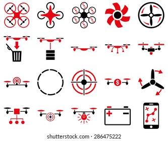 Air drone and quadcopter tool icons. Icon set style: flat vector bicolor images, intensive red and black symbols, isolated on a white background.