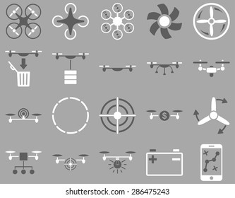 Air drone and quadcopter tool icons. Icon set style: flat vector bicolor images, dark gray and white symbols, isolated on a silver background.