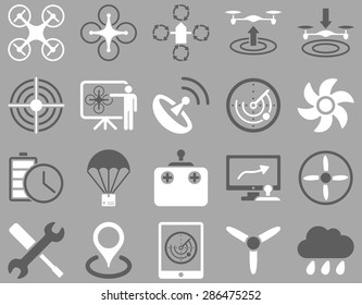 Air drone and quadcopter tool icons. Icon set style: flat vector bicolor images, dark gray and white symbols, isolated on a silver background.