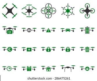 Air drone and quadcopter tool icons. Icon set style: flat vector bicolor images, green and gray symbols, isolated on a white background.