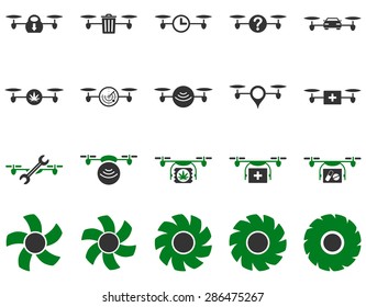 Air drone and quadcopter tool icons. Icon set style: flat vector bicolor images, green and gray symbols, isolated on a white background.