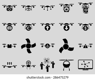 Air drone and quadcopter tool icons. Icon set style: flat vector images, black symbols, isolated on a light gray background.