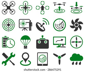 Air drone and quadcopter tool icons. Icon set style: flat vector bicolor images, green and gray symbols, isolated on a white background.