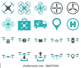 Air drone and quadcopter tool icons. Icon set style: flat vector bicolor images, grey and cyan symbols, isolated on a white background.