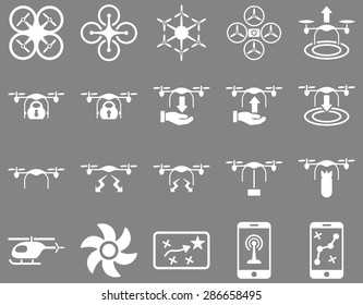 Air drone and quadcopter tool icons. Icon set style: flat vector images, white symbols, isolated on a gray background.