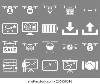 Air drone and quadcopter tool icons. Icon set style: flat vector images, white symbols, isolated on a gray background.