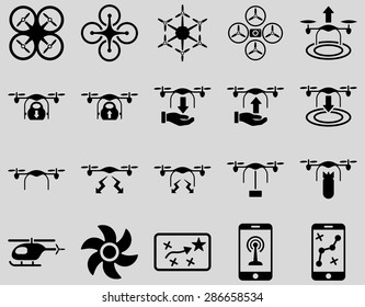 Air drone and quadcopter tool icons. Icon set style: flat vector images, black symbols, isolated on a light gray background.