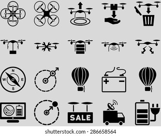 Air drone and quadcopter tool icons. Icon set style: flat vector images, black symbols, isolated on a light gray background.