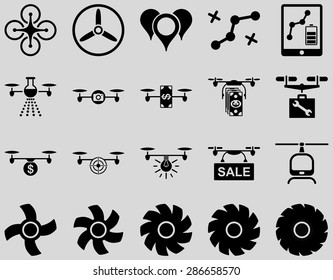 Air drone and quadcopter tool icons. Icon set style: flat vector images, black symbols, isolated on a light gray background.