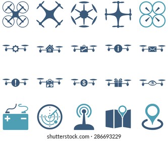 Air drone and quadcopter tool icons. Icon set style: flat vector bicolor images, cyan and blue symbols, isolated on a white background.