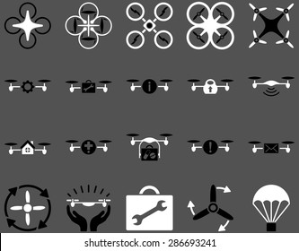 Air drone and quadcopter tool icons. Icon set style: flat vector bicolor images, black and white symbols, isolated on a gray background.