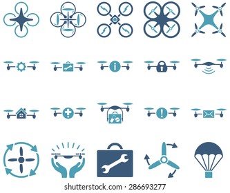 Air drone and quadcopter tool icons. Icon set style: flat vector bicolor images, cyan and blue symbols, isolated on a white background.