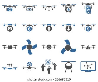 Air drone and quadcopter tool icons. Icon set style: flat vector bicolor images, cobalt and gray symbols, isolated on a white background.