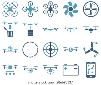 Air drone and quadcopter tool icons. Icon set style: flat vector bicolor images, cyan and blue symbols, isolated on a white background.