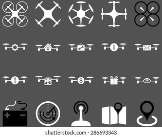 Air drone and quadcopter tool icons. Icon set style: flat vector bicolor images, black and white symbols, isolated on a gray background.