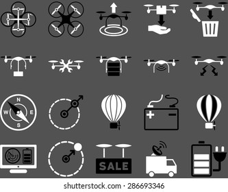 Air drone and quadcopter tool icons. Icon set style: flat vector bicolor images, black and white symbols, isolated on a gray background.