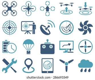 Air drone and quadcopter tool icons. Icon set style: flat vector bicolor images, cyan and blue symbols, isolated on a white background.