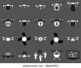 Air drone and quadcopter tool icons. Icon set style: flat vector bicolor images, black and white symbols, isolated on a gray background.