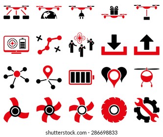 Air drone and quadcopter tool icons. Icon set style: flat vector bicolor images, intensive red and black symbols, isolated on a white background.