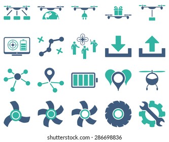 Air drone and quadcopter tool icons. Icon set style: flat vector bicolor images, cobalt and cyan symbols, isolated on a white background.