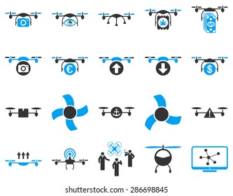 Air drone and quadcopter tool icons. Icon set style: flat vector bicolor images, blue and gray symbols, isolated on a white background.