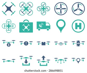 Air drone and quadcopter tool icons. Icon set style: flat vector bicolor images, cobalt and cyan symbols, isolated on a white background.