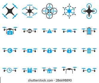 Air drone and quadcopter tool icons. Icon set style: flat vector bicolor images, blue and gray symbols, isolated on a white background.